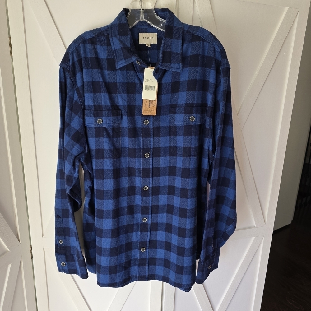 Jachs Men's Navy/Blue Long Sleeve Checkered Flannel Button Down Shirt - Picture 2 of 11